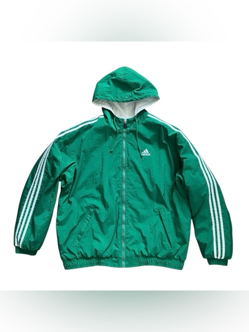 Vintage 90s Adidas Puffer Jacket Hoodie Embroidered Trefoil Logos Green Mens XXL